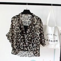  2022 two piece set leopard chiffon shirts summer half sleeve loose v neck women casual thumb200