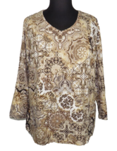 Catherines Women&#39;s Brown Tan Floral V Neck Long Sleeve Cotton Blend Top Plus 1X - £11.76 GBP