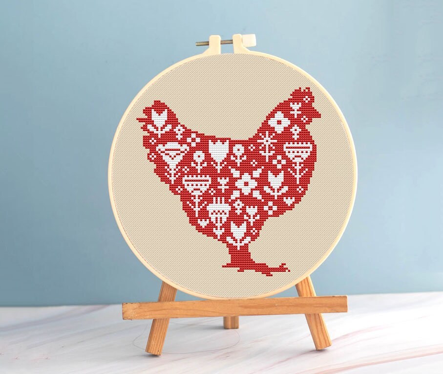 Primary image for Red Hen cross stitch easter pattern pdf - Spring embroidery chicken cross stitch