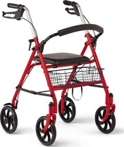 Rollator Folding Rolling Walker Padded Seat Adjustable Arms Storage Basket Red - £94.53 GBP