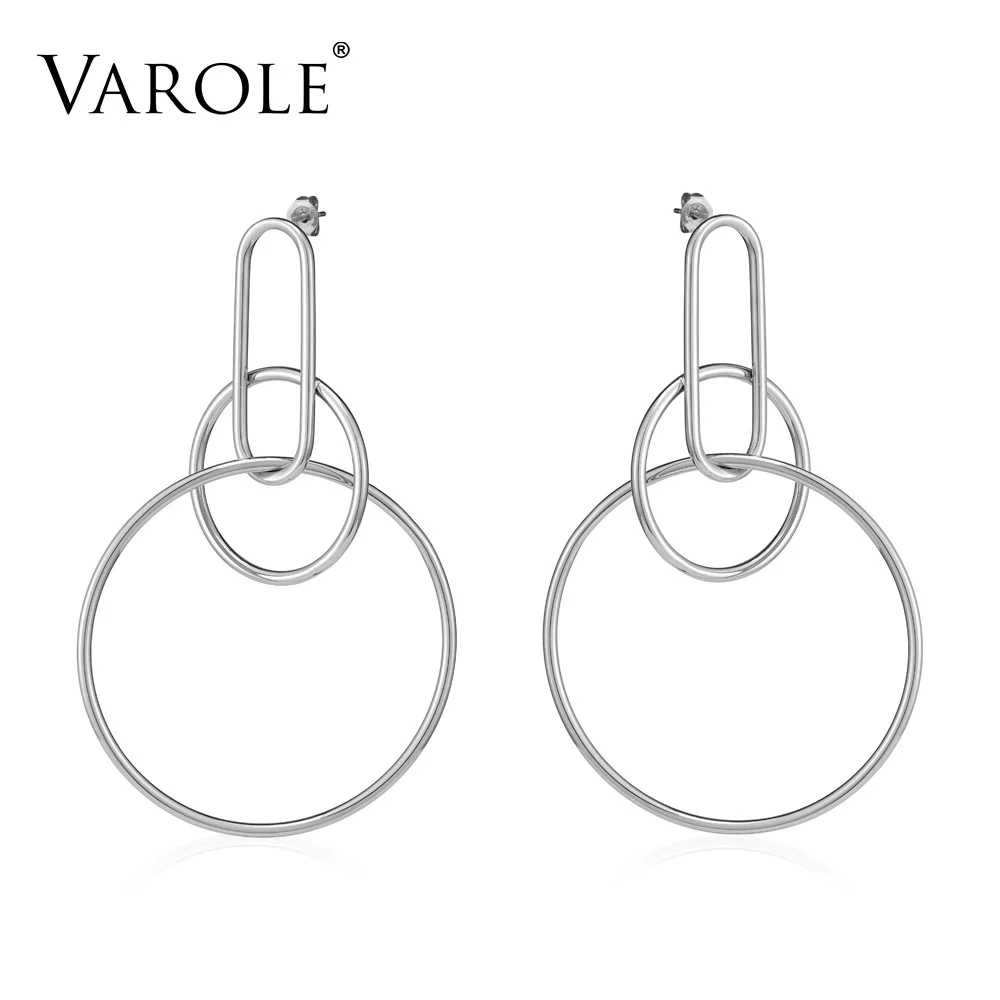 Big Round Geometry Earrings Gold Color Stainless Steel Long Drop Earrings For Wo - £32.02 GBP
