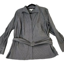 Talbots 18W Top Gray Slate White Pin Stripe Long Sleeve Collar Belted Work Shirt - $24.95