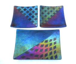 Set of 3 Kurt McVay Fused Dichroic Art Glass Iridescent Tray and Plates Dishes - £93.57 GBP
