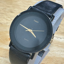 Vintage Timex Quartz Watch Unisex All Black Analog Leather Band New Battery - £18.00 GBP