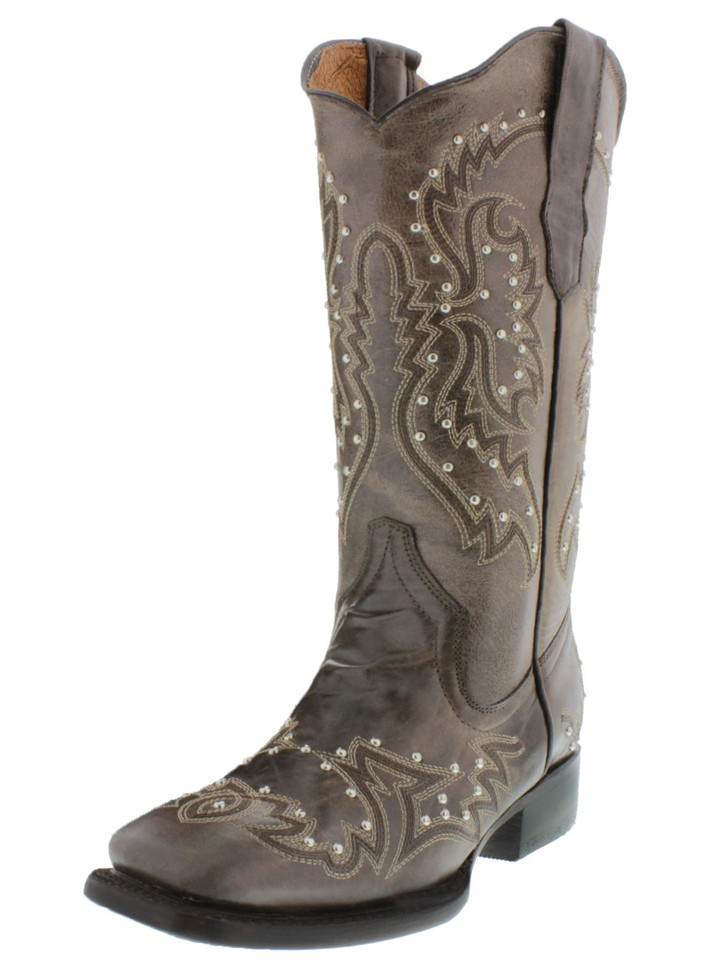 Womens Cowboy Rodeo Boots Brown Leather Silver Studded Square Toe Size 5... - $71.99