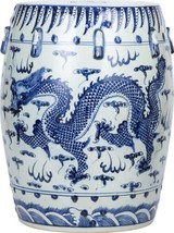 Garden Stool Dragon Backless Blue White Glaze Porcelain Hand-Crafte - $589.00