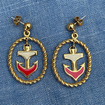 Avon Nautical Drop Anchor Gold Tone White &amp; Red Enamel Pierced Earrings Vintage - $9.67