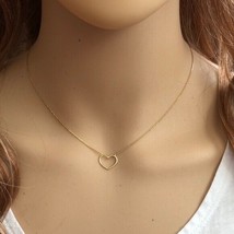  14K Solid Gold Open Heart Cut Out Necklace - Minimalist  Adjustable 16&quot;-18&quot; - £233.33 GBP