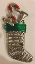 JJ Jonette Jewelry Brooch Pin Pewter Christmas Stocking Enamel Rhinestone - $17.95