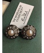 VINTAGE ESTATE SIGNED ERWIN PEARL Silver Rhinestone EARRINGS  clip New O... - $59.99