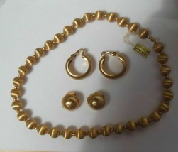 NAPIER Gold tone Hand Textured Necklace and 2 Pair of Earrings - £52.10 GBP