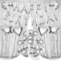 Silver Birthday Party Decorations, Foil Happy Birthday Balloon Tablecloth Fringe - £21.88 GBP