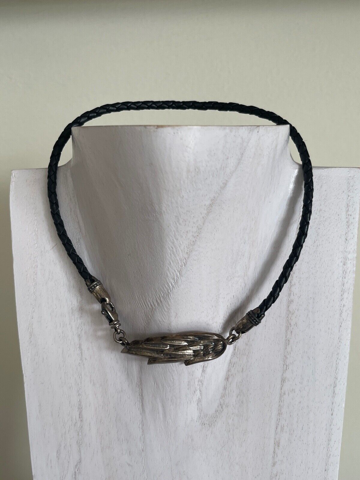 King Baby Braided Leather Chocker Necklace with Sterling Silver Feather Closure - $147.51
