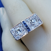 Earth mined Diamond Sapphire Deco Engagement Ring Antique Platinum 14k Setting - £3,938.03 GBP