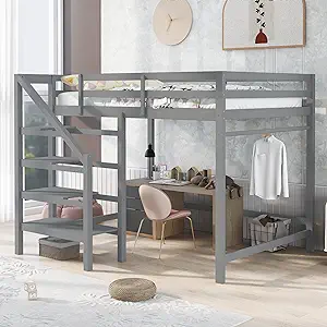Merax Full Size Wood Loft Bed with Built-in Storage Staircase and Hanger... - $833.99