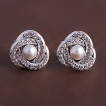 Sterling Silver Luminous Love Knot Stud Earrings White Crystal Pearl Clear CZ - $18.80