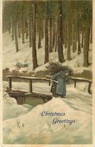 Embossed German Postcard N145 Old Woman Going Over a Bridge Christmas Germany - $5.94