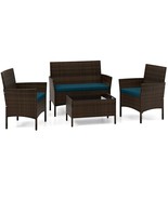 4 Piece Patio Rattan Conversation Set with Cozy Seat Cushions-Peacock Blue - €167,94 EUR