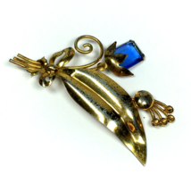 Sterling Silver Vermeil Blue Glass Stone Brooch Floral Vintage Jewelry - $37.00