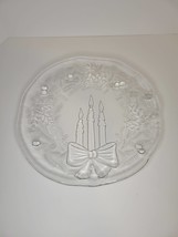 Vintage 12&quot; Clear Glass Cookie Tray Etched Candles Holly Bow Christmas Winter - £23.87 GBP