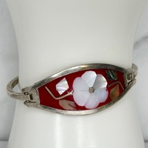 Vintage Alpaca Mexico Silver Tone Mother of Pearl Flower Childs Bangle Bracelet - £15.45 GBP