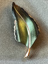Vintage Large Iridescent Green Enamel Goldtone Aspen Leaf Pin Brooch – 2 and 7/8 - £7.46 GBP