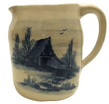 PR Storie Hand Thrown Pottery Marshall Texas 6” Pitcher Blue Farm Scene Vintage - £53.48 GBP