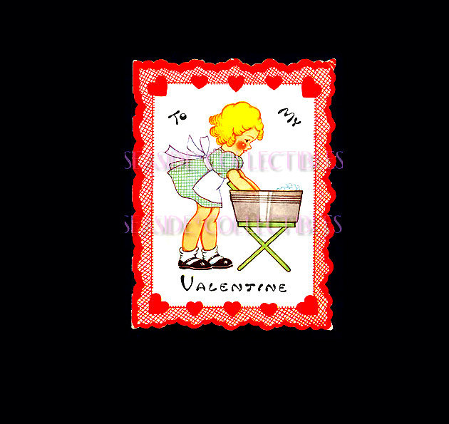 Primary image for 1940s Die Cut Blond GIrl Washing Up in a Tub Valentine Card Word Play Chores Hum
