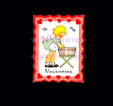 1940s Die Cut Blond GIrl Washing Up in a Tub Valentine Card Word Play Chores Hum - £7.18 GBP