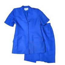 Vtg Oleg Cassini Polyester Suit 2 Piece Short Sleeve Jacket Skirt Blue Size 8 - £20.55 GBP