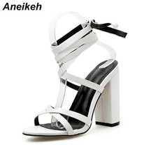 Aneikeh 2021 Summer PU Fashion Sexy Sandals Woman Square High Heels Shoe Lace Up - £37.87 GBP
