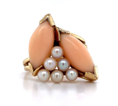 14k Yellow Gold Coral Ring with Akoya Pearls Size 5.5 Jewelry (#J5974) - £406.39 GBP