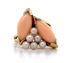 14k Yellow Gold Coral Ring with Akoya Pearls Size 5.5 Jewelry (#J5974) - £410.20 GBP