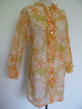 Vintage 60s Nightshirt Robe Nightie S Mod Floral Button Down Ruffle Chiffon - £17.63 GBP