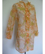 Vintage 60s Nightshirt Robe Nightie S Mod Floral Button Down Ruffle Chiffon - $21.99