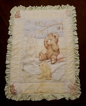 Vintage Carters Baby Crib Comforter Quilt Bear Bunny Puppy Green Gingham Ruffle - £30.85 GBP
