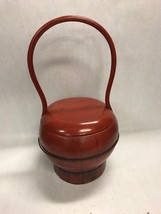 Antique Chinese Red Lacquer Basket Food Container Bucket Handle wire Wed... - £231.96 GBP