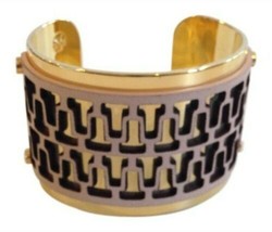 Tory Burch T-Perforated Leather Gold Tone Cuff Bracelet Sahara - £61.45 GBP