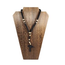 Vintage Plastic Black Bead Rosary Rosaries Marked OLRM 16&quot; long INRI - $19.59