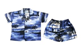 RJC Blue Hawaiian Shirt Short Set Made in Hawaii Beach Tropical Scene 18M NWT - £13.97 GBP