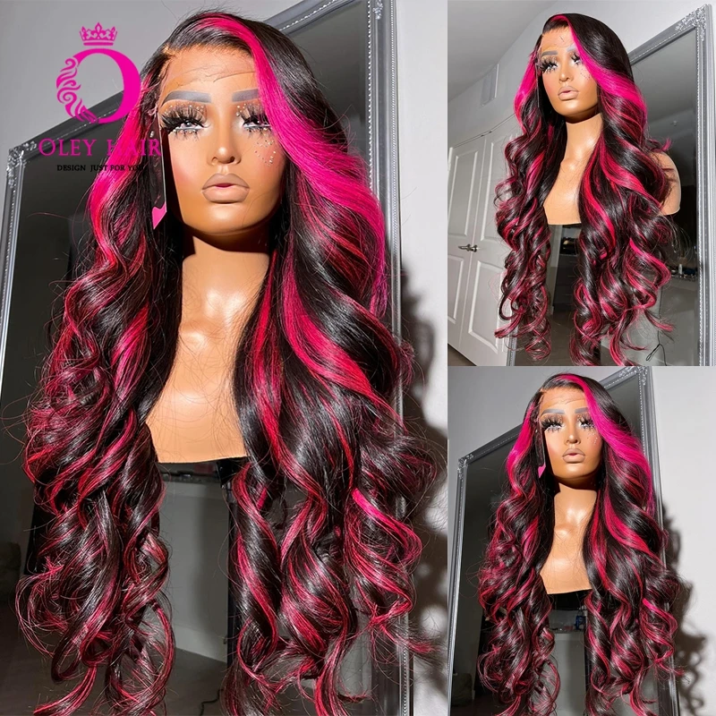 Highlight Pink Colored 30 Inch 13x4 Synthetic Lace Front Wig Body Wave Gluele - £62.78 GBP+