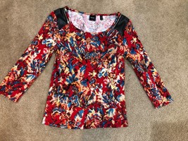 Rafaella Floral Womens Shirt Small Cotton Longsleeve Red Blue Yellow Leather Top - £11.01 GBP
