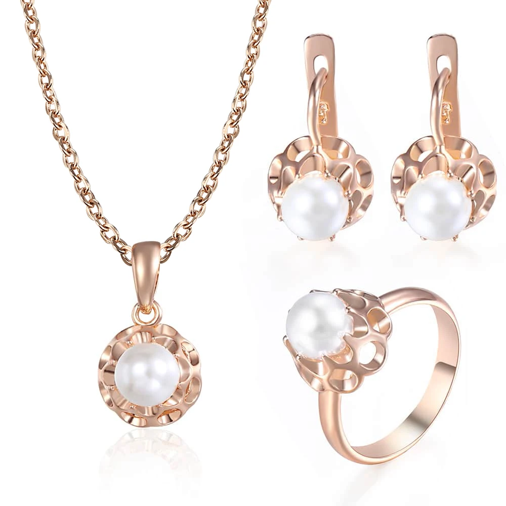 New 585 Rose GolSimulated Pearl Earrings Ring Pendant Necklace Set Rolo ... - $26.13
