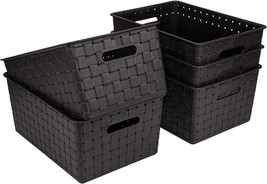 Bekith 5 Pack Woven Plastic Storage Basket, Woven Basket Bin, 10&quot; L X 7&quot;, Black - £27.86 GBP