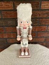 Christmas Nutcracker 14&quot; Wood Drummer Boy Pink Glitter White Fur Glam Decor - £22.78 GBP