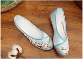 Peach Flower Embroidered Women Canvas Ballet Flats Ladies Casual Comfort Slip-on - £22.38 GBP