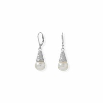 10mm Simulated Pearl &amp; Pave Setting Cone Lever Back Earrings 925 Sterling Silver - £134.34 GBP