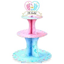 Gender Reveal Party Cupcake Stand Decorations, Blue And Pink 3 Tier Baby Shower  - £14.22 GBP