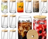 [ 12Pcs Set ] Glass Cups With Bamboo Lids And Glass Straw - Beer Can Sha... - $61.99