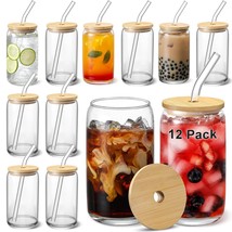 [ 12Pcs Set ] Glass Cups With Bamboo Lids And Glass Straw - Beer Can Shaped 16 O - £48.90 GBP